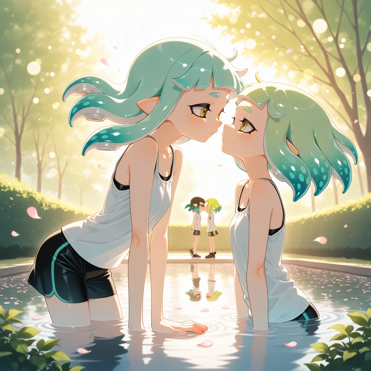 two girls, both with small boobs, having sex next to a sakura tree naked, nude, kissing, girl with green hair, one girl with blue hair, sweaty, exposed boobs, sexy, exposed midriff, naked, nude, both girls naked and fully exposed boobs and midriff, nipples