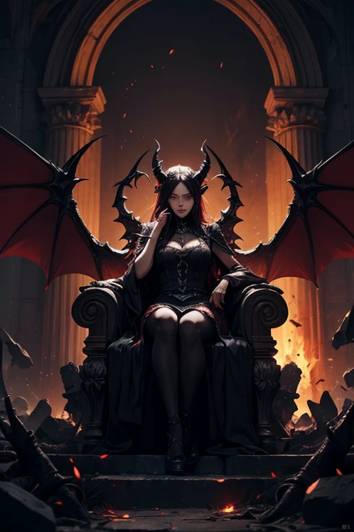 a powerful demon queen holding a scythe, sitting on a throne, looking down on everyone, full body shot, anime style, highly detailed, cinematic lighting, dramatic shadows, vibrant colors, digital art, concept art, masterpiece