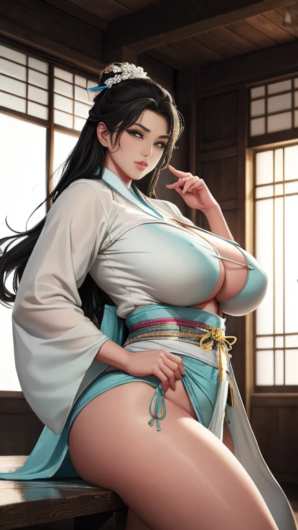 Beautiful Japanese woman meditating with her legs apart in a sheer kimono、big breasts、beautiful body、half naked、No panties、beautiful pussy、She is on her knees showing her ass and pussy