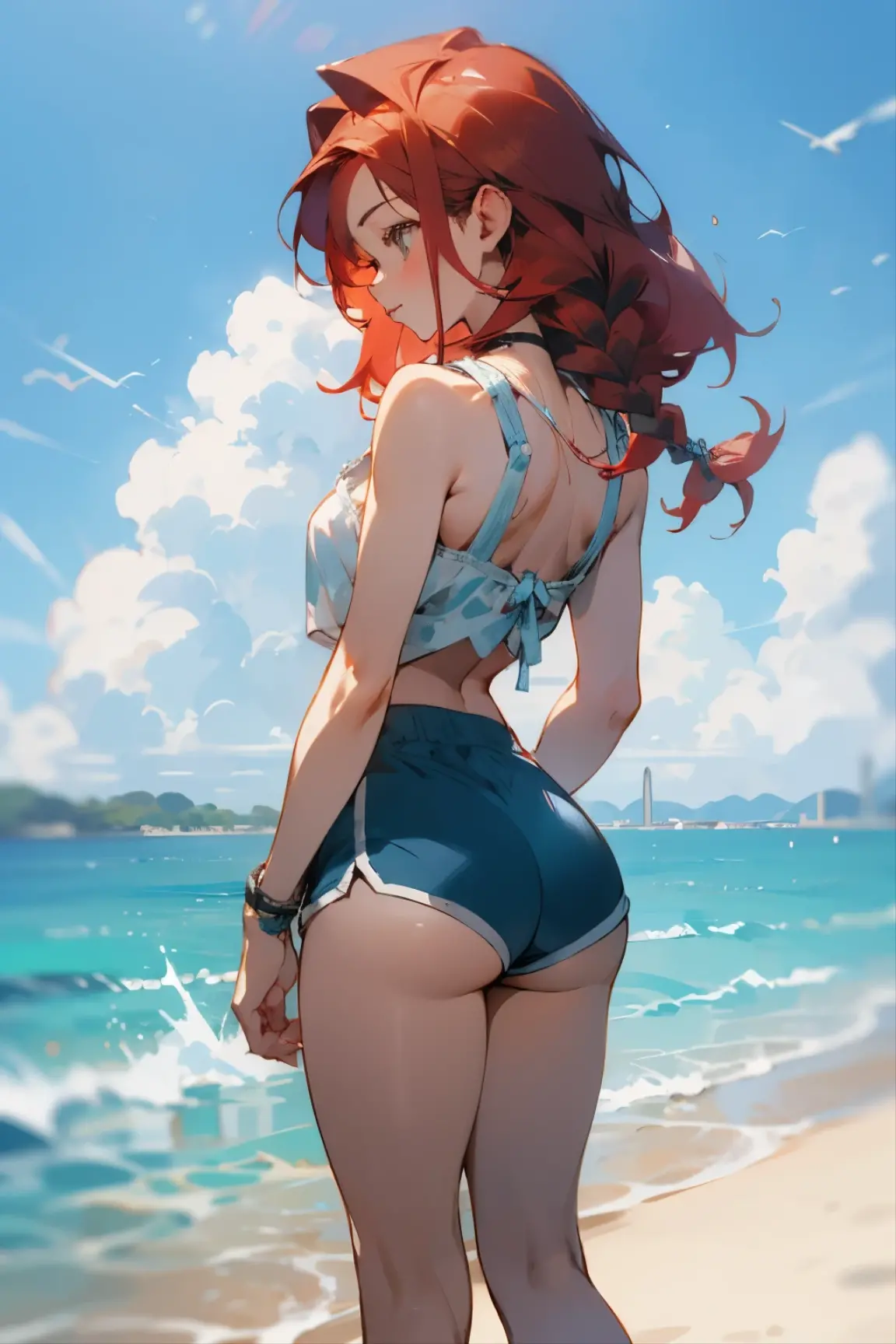 ((masterpiece, best quality, ultra-detailed)), 1girl, beautiful woman on the beach leaning forward, smiling, blush, wearing black beach bra and maxi pencil skirt, long pencil skirt, midriff, cleavage, full body picture, necklace, bracelet, sandals, wavy red hair, summer, beach