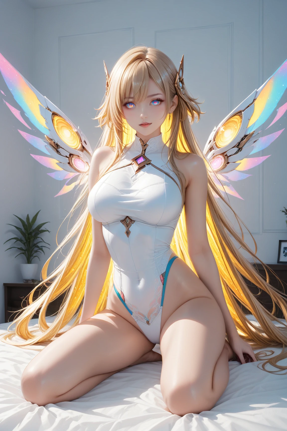 young girl, longue blonde hair, elf ears, white eyes, angel wings, Naked, gold tattoos, Masterpiece, hiquality