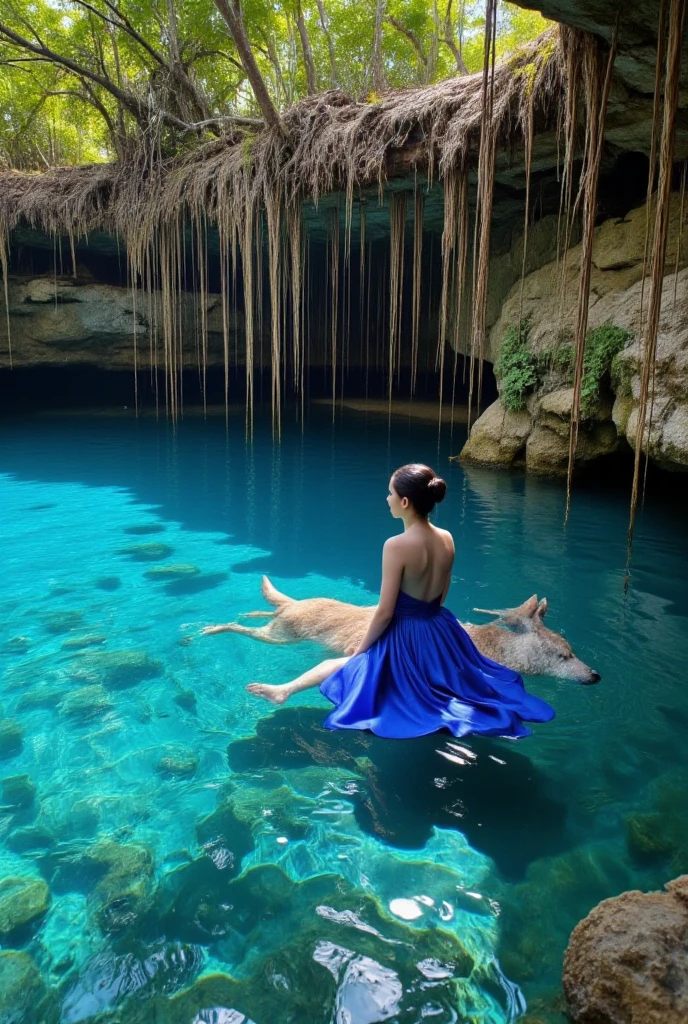 a woman with a huge latina butt, nude, fox ears, sitting on a wooden swing in Bacalar lagoon, ultra-detailed, photorealistic, 8k, highres, masterpiece, realistic skin texture, beautiful detailed eyes, beautiful detailed lips, extremely detailed face, long eyelashes, intricate details, mesmerizing, cinematic lighting, vibrant colors, serene atmosphere, stunning natural scenery, crystal clear water, lush vegetation, wooden swing, mystical vibe