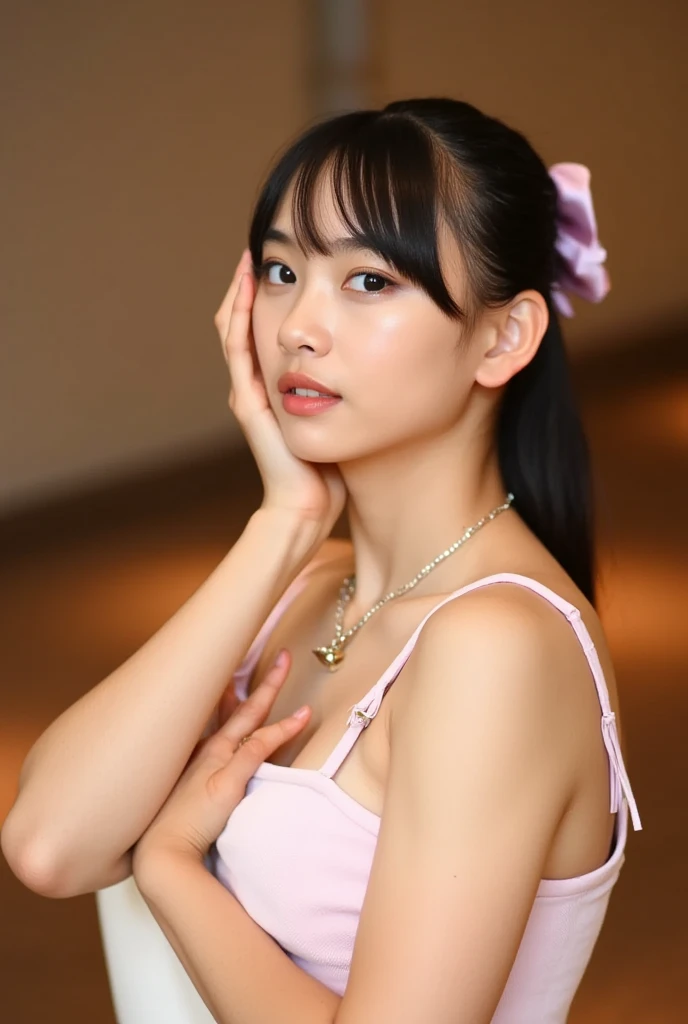(highly detailed body, highly detailed face, best quality:1.2) ,A Woman, look at viewer, (Pink bra, Jeans), (Pink bougainvillea mess in background:1.4)