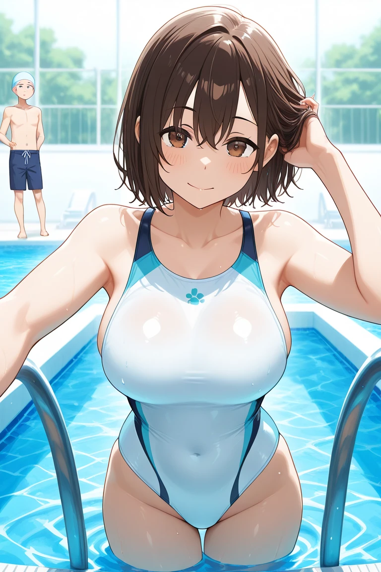 (masterpiece), best quality, (16k), expressive eyes, perfect face, office lady, 3 girls, huge breast, navel, BREAK, ((topless)), (((wet cobalt blue solid pencil mini skirt))), bare arms, bare legs, shiny skin, wet body, BREAK, brown hair, lower ponytail, wet hair, brown eyes, standing, sad, :D, BREAK, indoors, in the pool, wading, BREAK, (upper body), from behind,
