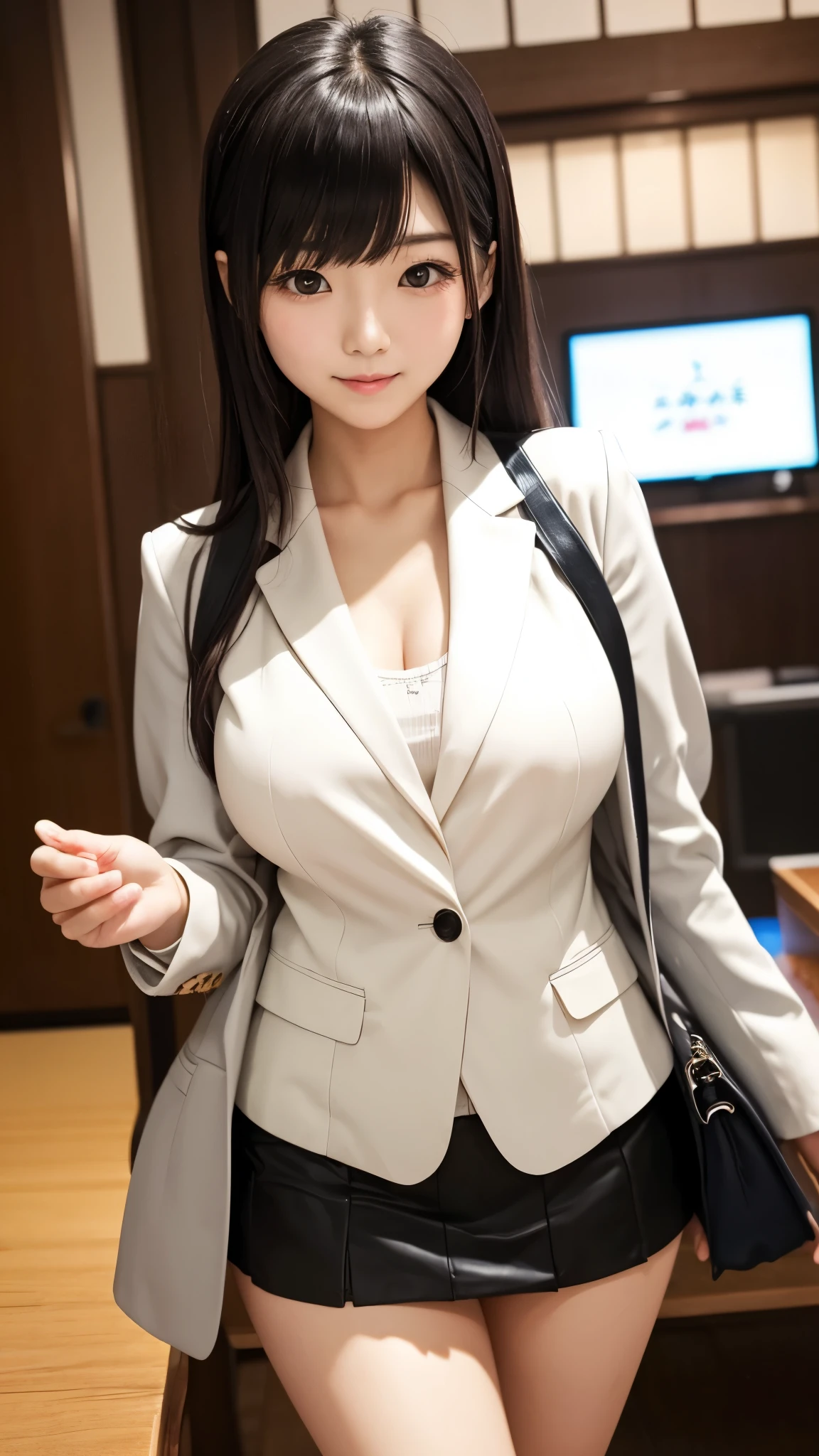 Highest quality、masterpiece、8k、Very detailed、Realistic、(One girl)、(Looking at me with a smile:1.5)、whole body、(Black Hair)、Small face、(Slender:1.2)、(Big Breasts:1.2)、(White business shirt with buttons and a collar:1.2)、(short tight skirt in gray,:1.2)、(Grey business jacket:1.2)