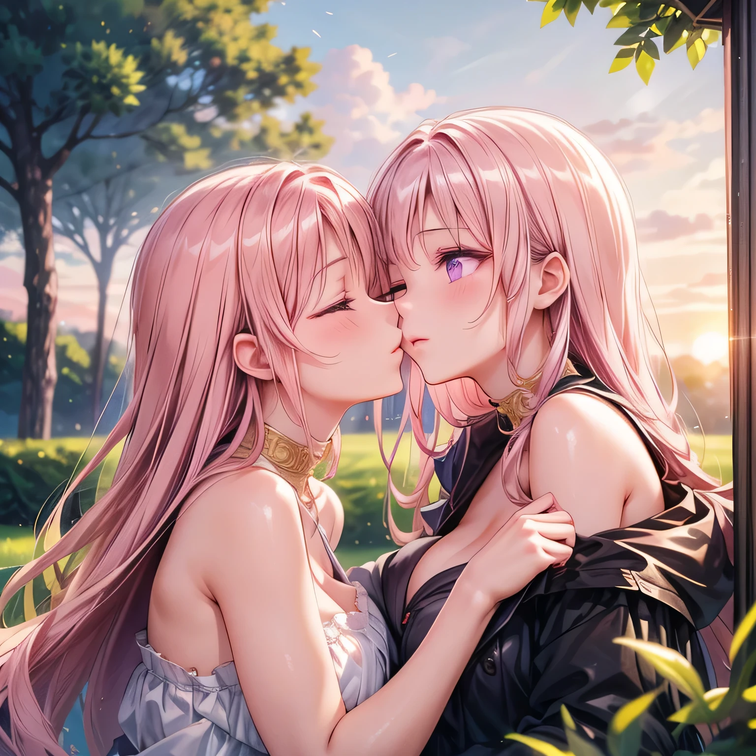 A breathtakingly beautiful 20-year-old woman stands in a lush green park at sunset, bathed in the warm golden light of the evening sun. Facing forward, her eyes gently closed, cheeks slightly flushed, and her face tilted upward as if anticipating a kiss, she embodies serenity and romance. The soft hues of the sunset complement the tranquil surroundings, enriching the dreamy atmosphere. Pink hair, long hair, purple eyes.