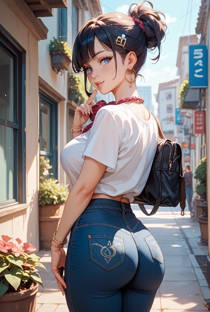 1 girl, solo, 25 year old girl, tall girl,
twintails, black hair, long hair, hair bangs,
black eyes, blush, freckles, thick eyebrows, thin nose, long eyelashes,
orange lips,
medium ass, small breasts, thick thighs, wide hips,
short blouse, white blouse,
micro shorts, shorts,
choker, earrings, bracelets,
standing, looking back, from behind,
smile,
street, at day, leaves falling, Cherry trees,
<lora:add_detail:0.5> <lora:oiled skin:0.2> <lora:ColoredLipstick:0.7> <lora:microskirt_goofy:0.6>