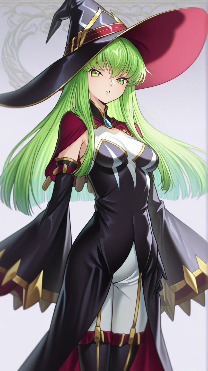 Elegant and mature Cynthia from Pokemon, long grey hair, beautiful green eyes, closed mouth, elegant pose, smile, full body, dressed in her iconic black and white dress, looking forward, battle scene background, white and black theme, mature expression, the elegant costume of Cynthia, with her iconic hat.