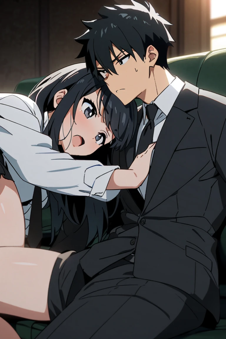 1middle age man, wrinkle face, black hair,bangs swept to the right side, Middle aged man behind girl, touching chest, biting shoulders, breatsgrope from behind, grab, grabbing chest,chestgrab behind back, removing bra, hold bra, hug back, hugging, neck kiss, 1girl, long hair, collared shirt, unbuttoned, medium bresst, nipples, pink nipples, white pants, cute, open mouth, full body, long sleeves, cowboy shot, masterpiece, on a dating, blushing, bedroom, night, sit on bed
