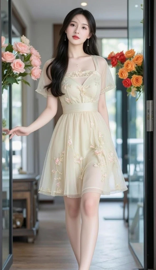 ((masterpiece)),(((Highest quality))),Thin thighs,Long legs,whole body:1.5,(One Girl:1.3),(Black pantyhose and thick pointy heels:1.3),(Wearing a mini mini mini flare skirt dress with floral and ornamental plant patterns:1.2),Short Blonde:1.2、Model pose,high waist:1.5、Standing with legs apart:1.5,Raise your hands horizontally in a cute pose:1.5,The best smile:1.5,