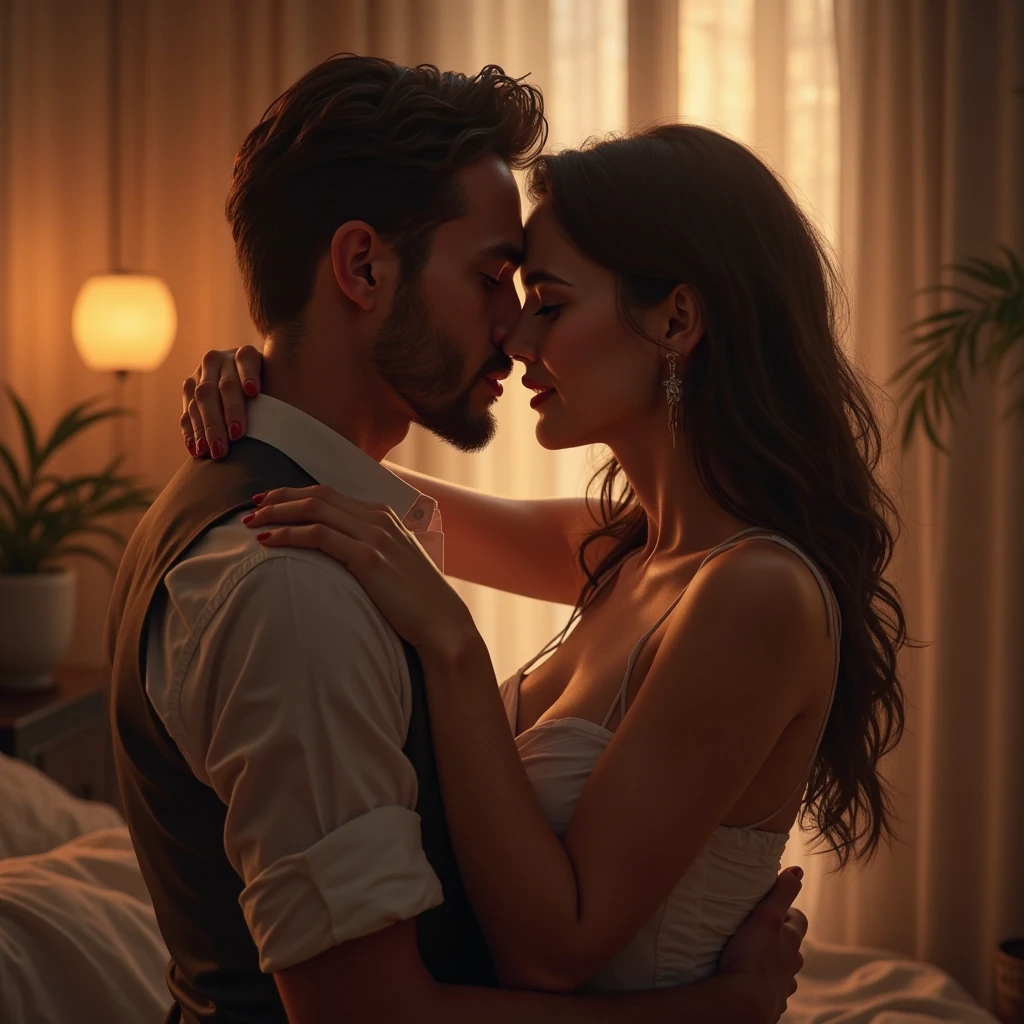 A man and a woman kissing or flirting, the female character should be a Turkish actor named Beren Saat, who plays the role of Bihter Ziyagil, and the male character should be William Levy.