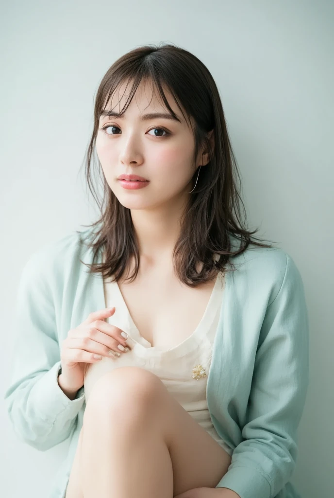 (8k、Live Action、RAW Photos、Highest quality、masterpiece:1.2),(Photo studio on white background,Front lighting:1.2),((Clamshell Lighting)),(濡れたhair),Observe the audience,Strike a pose for the camera, strong,1,student,White skin,knees,Small face,前hairを真ん中から分けます、The forehead is visible,skinny,skinny)、masterpiece,Highest quality、Ultra-high resolution,One person, One personで、cute、studentに戻る,(Clothes for photo shoots:1.3),High school student,Japanese women,(フォトGenuine:1.37)、Photon Mapping,Genuineistic、cuteSmall face,Brown eyes、prospect、Written boundary depth、Blurred Background、Genuine,(前hairが見える), hair, kneesが見える, thigh,(Nogizaka Idol), actress、Big and ample breasts、Cleavage、Super Fine、Low people々、(Skin with visible pores:1.2)、(Focus on the face)、Natural Neck、Check and fix the skeleton