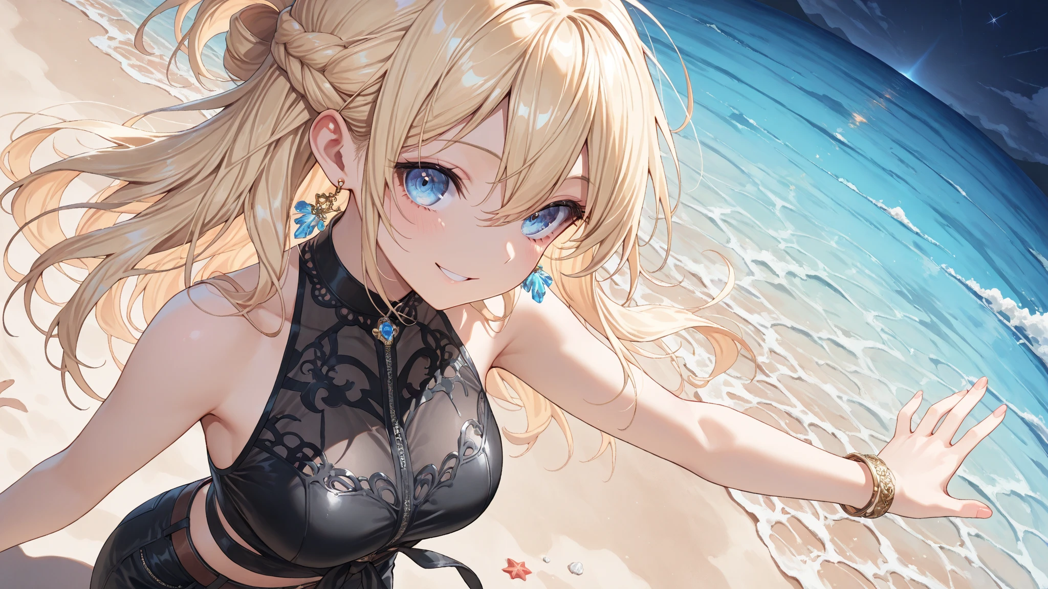 Fischl from Genshin impact game, 1girl, wearing a eexy cute bikini at a beach, blonde hair, one eye patch, 8k, high detailed, high quality, full body