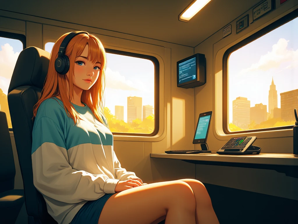 (extremely detailed CG unity 8k wallpaper), (best quality), (best illustration), (best shadow), realistic lighting, beautiful detailed reglow, masterpiece, best quality, lofi artstyle, lofi art, 80s anime style, Retro, Lo-Fi, 1girl, solo, short hair, brown hair, sitting, window, headphones, ground vehicle, train interior