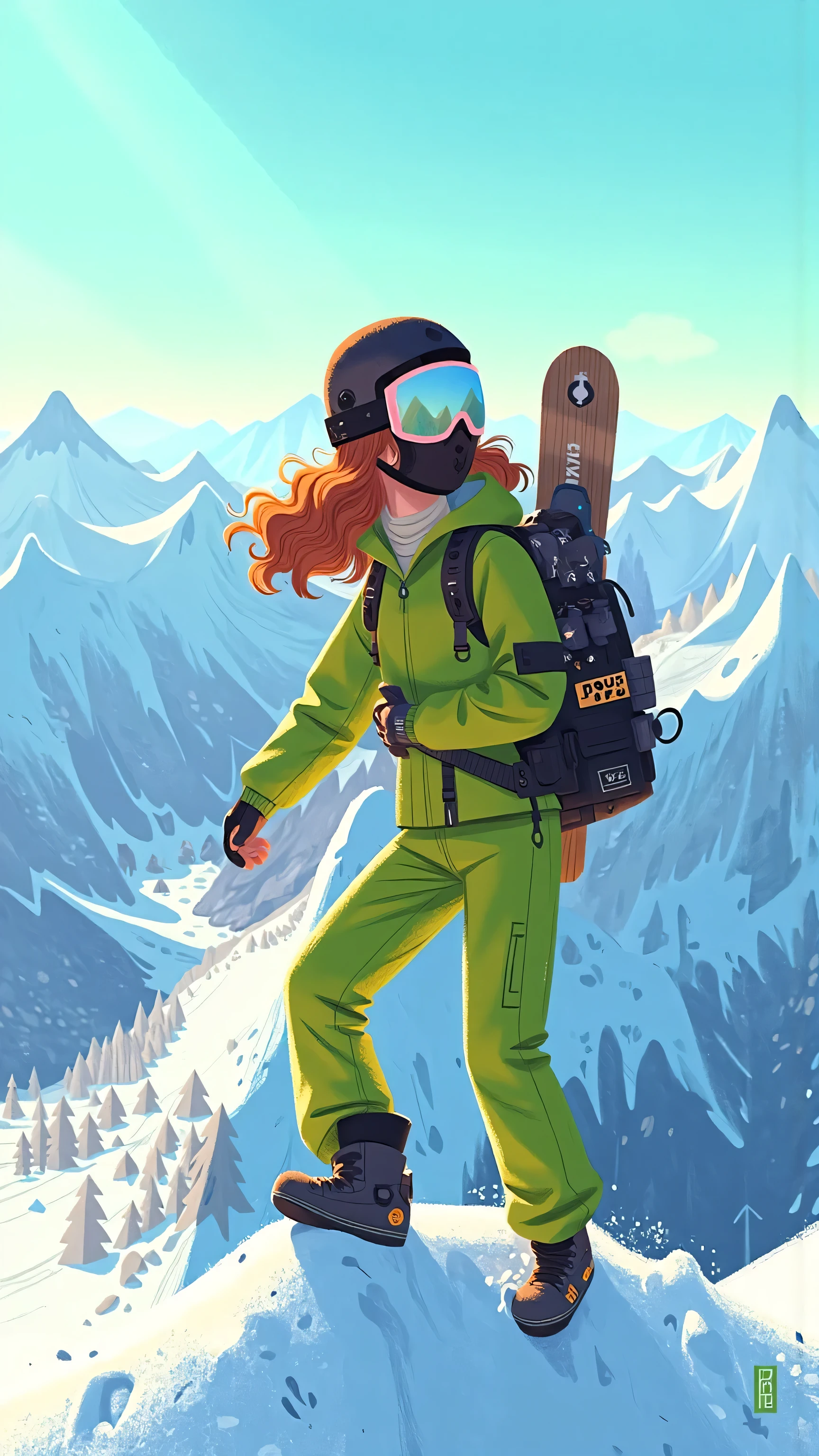 Full body view： telephoto lens，one woman（long brown wavy curls sliding off the brim， black mask）wearing a green ski jacket、A snowboarder with a black helmet stands on the edge of a snowy mountain，snowboard held upright in hand。vast snowy peaks and clear blue skies in the background，equipment details are clearly visible in bright sunlight，reflective ski goggles embellish the picture。dynamic centered composition，Adventure epic atmosphere，cinematic color，high contrast，ultrawide landscape，illustration，Aletai Jiangjun Mountain。  
