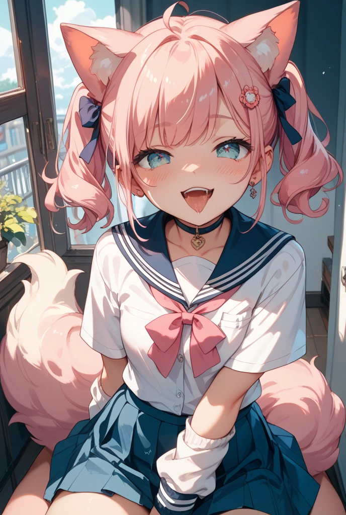 High quality, Masterpiece, Ultra-detailed, school uniform, Very short skirt, Buttonless shirt, White stockings, Pink panties, choker necklace, Female head, 1girll, Solo, peaceful expression, Long pink hair, captivating blue eyes, Fox ears, , Big breasts, school