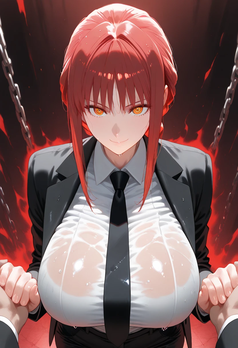 (Masterpiece), (Best Quality),Makima \(Chainsaw Man\), Best Quality, Ultra Detailed,detailed eyes ,(((chain binding over clothes:1.5))),(arms behind return:1.3),(regretful expression),restrained things,spread legs,restrained by chains, tightly shackled and confined ,One Girl, Solo, Red Hair, Long Braided Hair, Golden Eyes, Sexy, Tied Up,Bangs, Middle Chest, unbuttoned shirt with collar, black tie, black unbuttoned pants ,a lot of Blood Stain On Shirt, Tie, Staring, seductive smile ,Look at Audience, (Interview:1.3), (Dark Background, Chain:1.4), Cinematic Light,black lace bra,