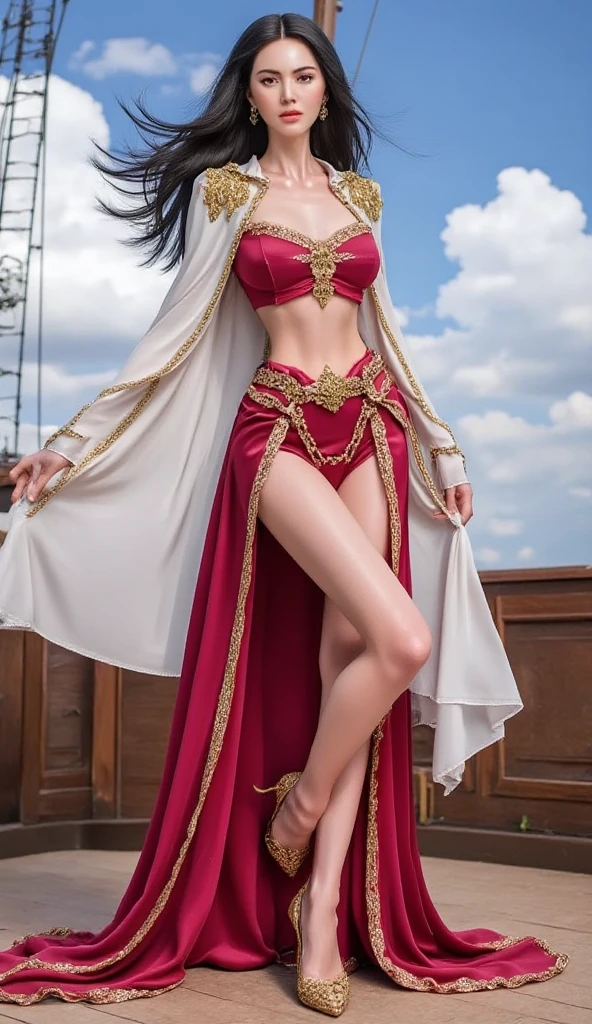 ,(((boa hancock))), long hair, epaulettes, white cape, red crop top, side slit, from below shot pov, (sea), oiled up skin, shiny oily skin, full body, lots of oil in skin, body oil