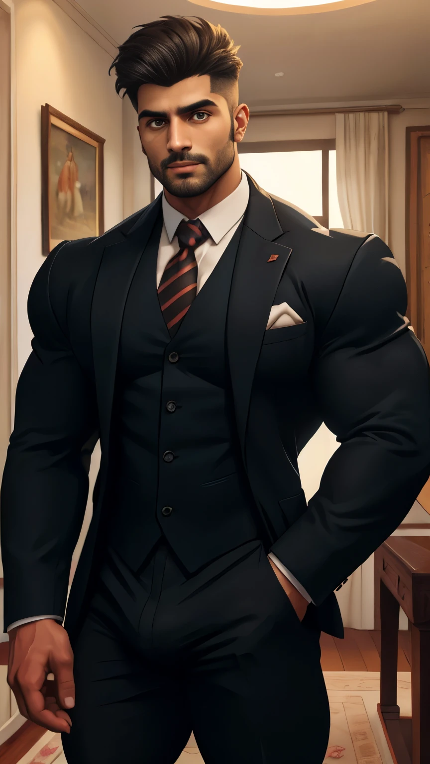Solo, standing, muscular man, best quality, ultra-detailed portrait, mafia boss, slightly messy short black hair with stubble, piercing blue eyes, tanned skin bearing scars on neck, large bulge in pants, intricately designed tattoos emphasizing biceps and pecs, black tuxedo fitted perfectly, black tie neatly tied around neck, white shirt underneath, black fur coat on back add more thickness, watch with a white Rolex logo on the wrist, intense expression with resolute eyes, neutral mouth conveying apathy, dark background accentuating his silhouette, dark lighting casting shadows on his rugged features, dark colors contrast.