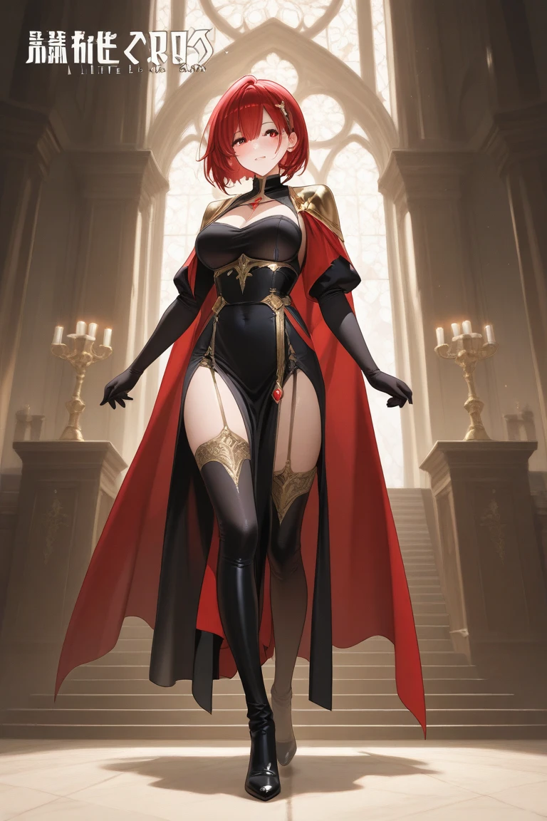 (((Best Quality))) , ((full body)), female, reference sheet, solo, (white background), thigh high, dark red hair, fantasy outfit, milf, fur, cape,