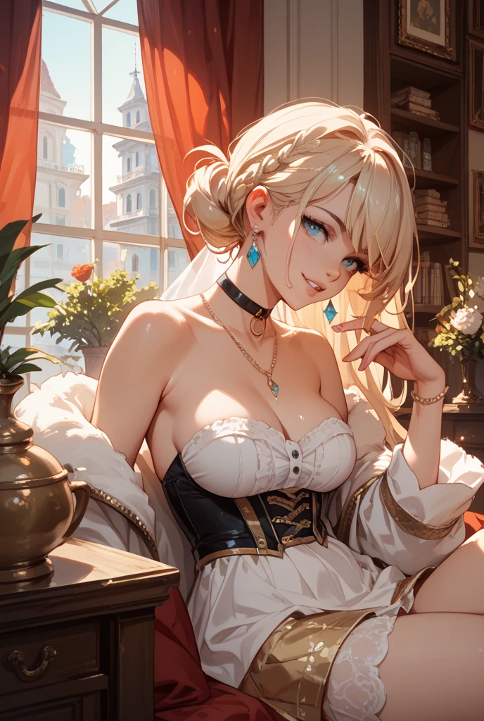 platinum-blonde、adult lady、Hairband on wavy hair、A seductive smile、耳环、A bracelet、a necklace、off-shoulder knit、Tyndall effect、very beautif、Smaller chest、Slender body。