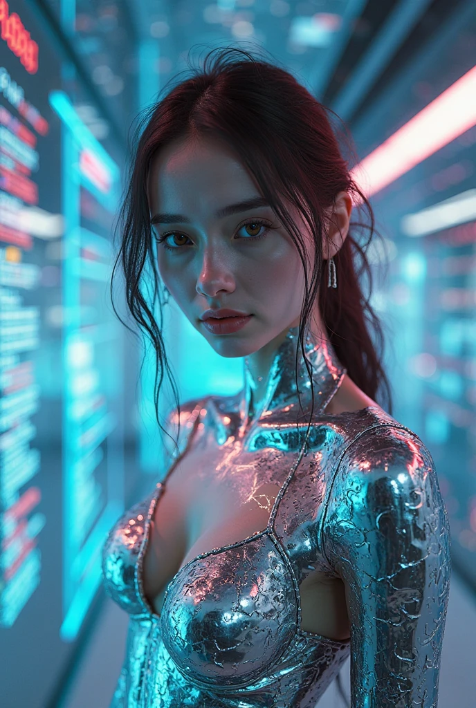 8K,RAW Photos,Highest quality,masterpiece,reality,Very detailed,Live Action,Very beautiful woman,android,cyborg,cyber-woman,slim, Fusion of machines and organisms,((Very detailed electronic equipment)),(A body with clearly visible internal electronics, see-through fabric),Very thin connecting wire,Wet body,Wet long hair,Advanced AI,neon,Rainbow Skin,Small glowing LED,future,Glamour,Large Breasts,Fantasy,movie,((whole body)),
