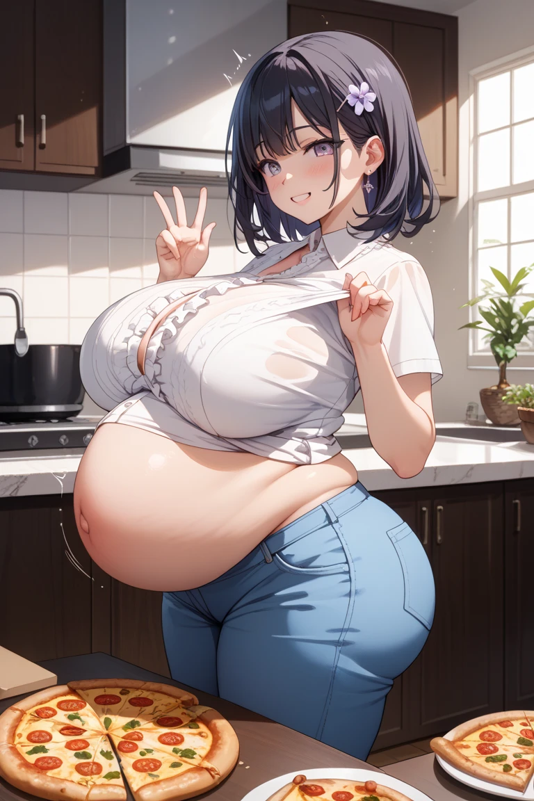 (best quality,4k,8k,highres,masterpiece:1.2), ultra-detailed, (realistic,photorealistic,photo-realistic:1.37), HDR, UHD, studio lighting, ultra-fine painting, sharp focus, physically-based rendering, extreme detail description, professional, vivid colors, bokeh, portraits, photography, (best quality,masterpiece:1.3), (mature woman, milf), (tall:1.2), anime, masterpiece, beautiful eyes, best quality, detailed face, 1girl, solo, beautiful, uh1, shirt, raglan sleeves, romaji text, clothes writing, long sleeves, denim shorts, pantyhose, fang, huge belly, bloated belly, stuffed belly, plump, chubby, curvy, chubby girl, belly, big belly, fat belly, soft shading, detailed, semi-realistic, sciamano240