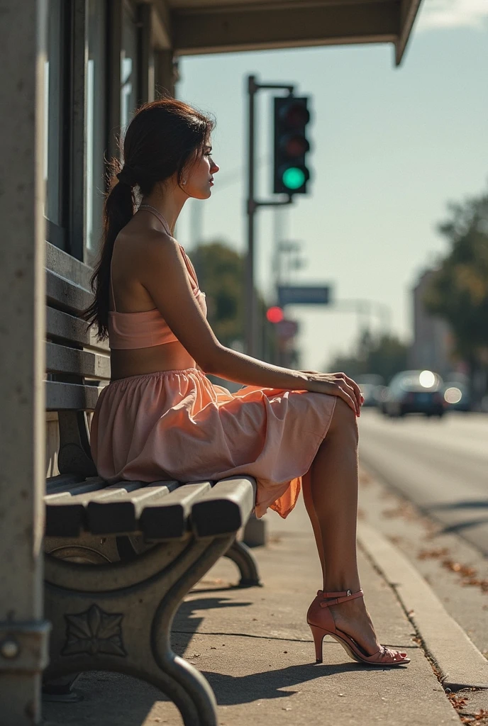 dark hair woman sitting on a bench with her legs crossed,totally naked, show huge breast, shot by side, see to viewer,