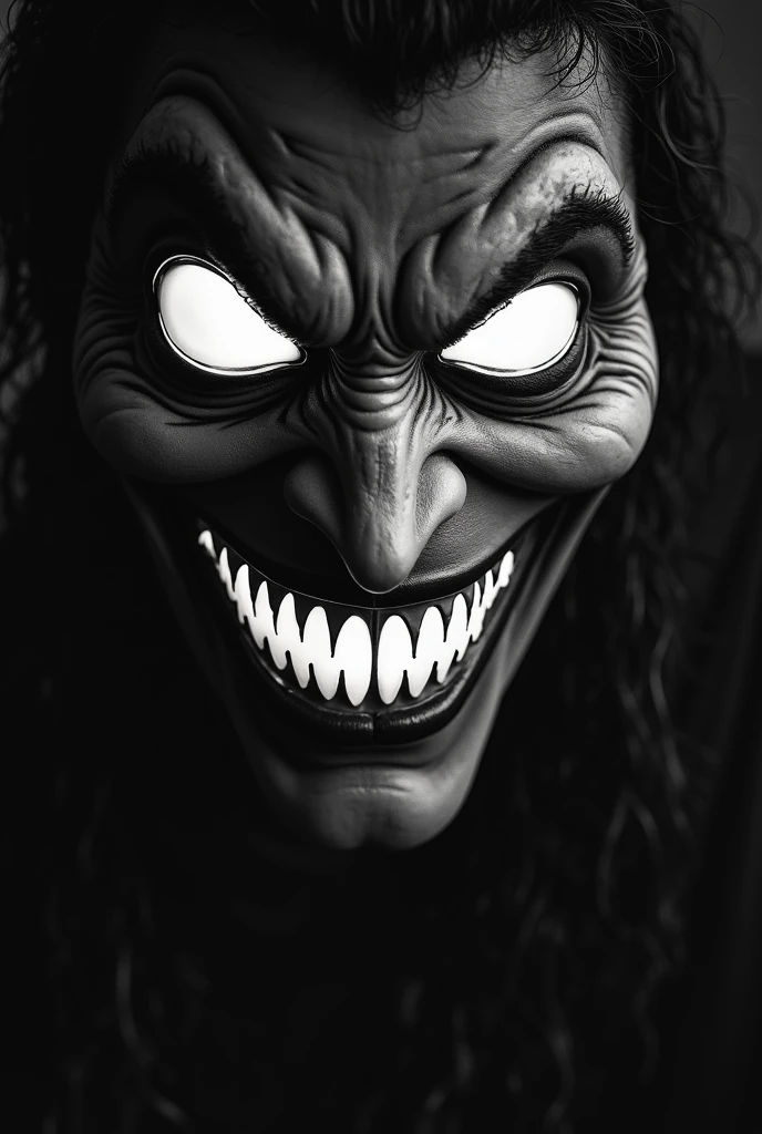 One man curly long hair colour white and black and use scary mask 
