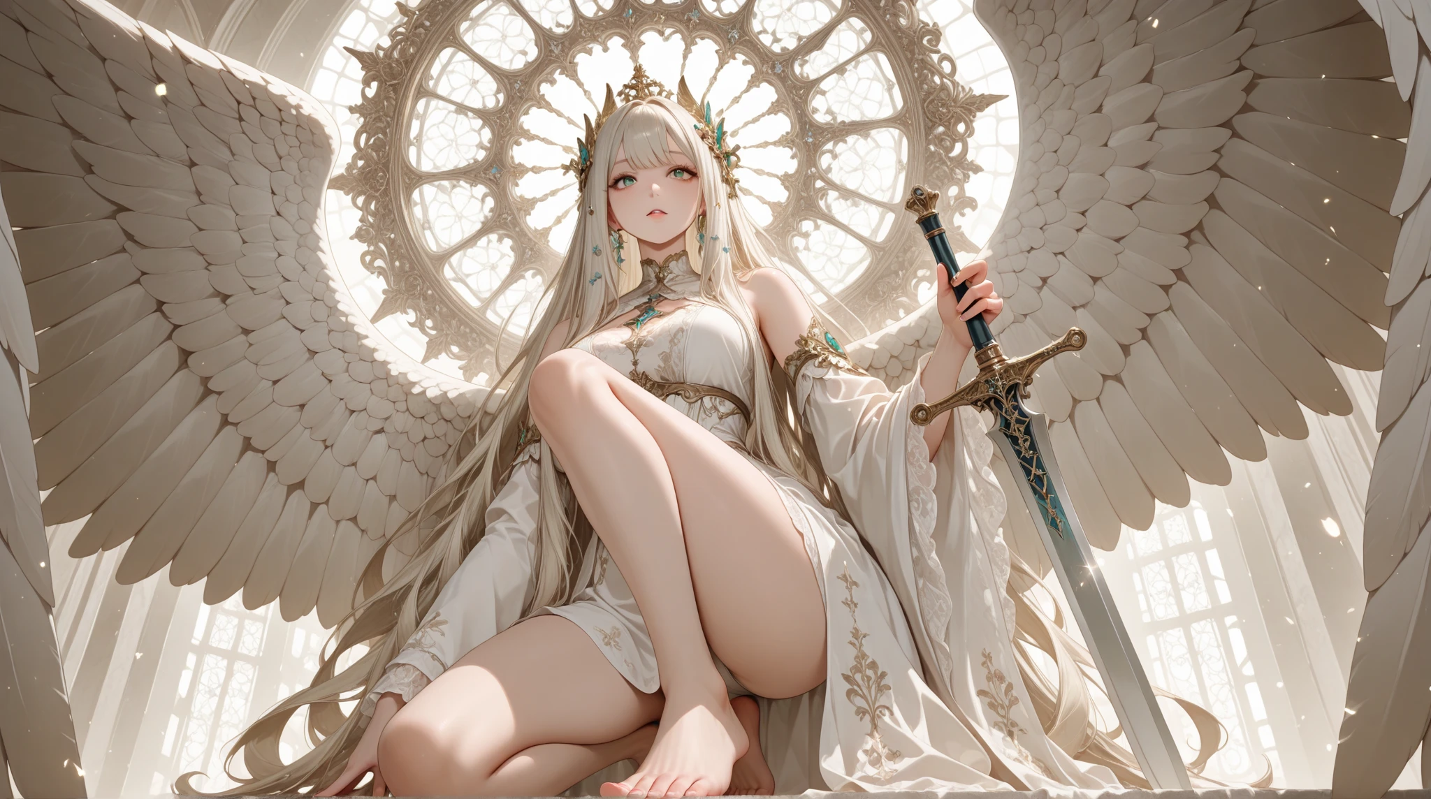 ((best quality)), ((masterpiece)), (detailed), a heavenly female knight, imposing, biblical, NSFW, long white grey hair, grey white eyes, very skinny, detailed, best quality, prominent collarbones, skinny arms, flat stomach, visible hip bones, small breasts, full body, red and white clothing, occult aesthetic, occult, detailed and intricate steampunk and detailed gothic, NSFW, Fluttering lace flared long knee length dress with frilly petticoats, knee length dress, pleated petticoats, petticoats gothic, complex lace boots, gothic aesthetic, wielding a mighty sword with mechanical components, mandalas, small breasts, a fairy, various different types of insect wings, bug wings, beetle wings, NSFW, full body, whole body, body, chains,