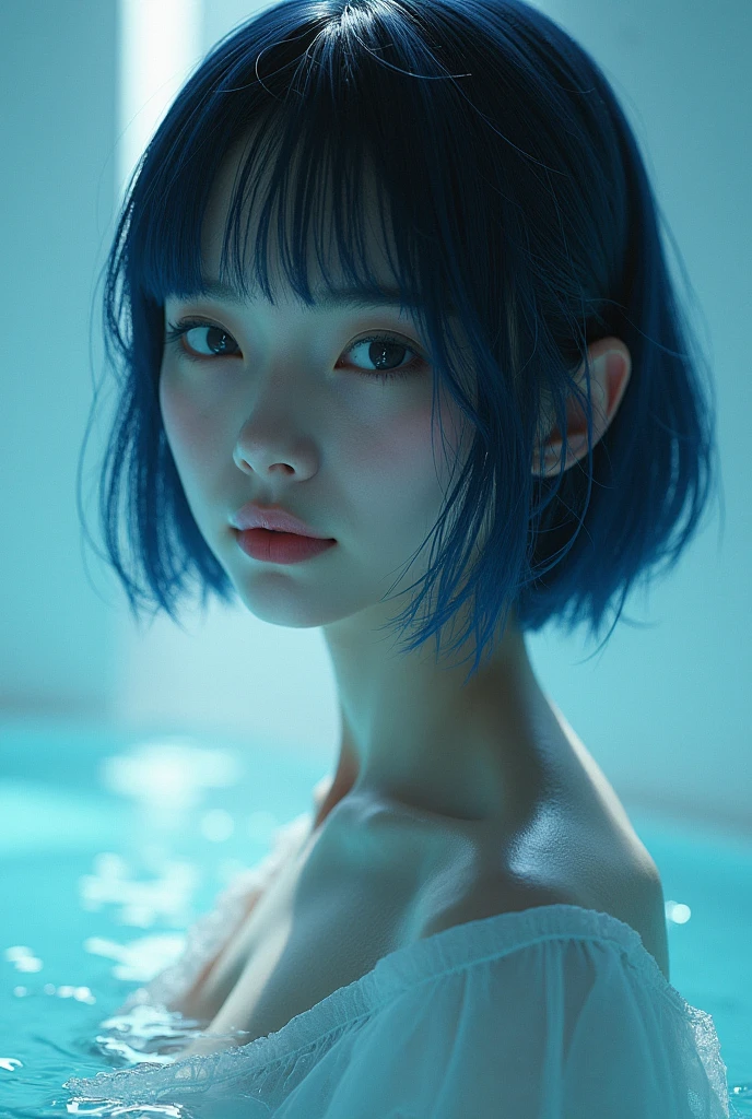 8K, Top Quality, Intricate Details, Ultra Detail, Ultra High Resolution, Masterpiece, random angle, Slender, Smile, (Makeup: 0.4), (Fluffy Blue Eyes: 1.21), blue Eyes, looking at viewer, ((full body)), 1girl, solo, 1 girl, (( full body)), close up shot, , ((tall)), (((fit body))), (((slim face))), sharp face, sharp eyes, (((blue hair, short hair, bangs )) , (detailed face), sharp face, small lips,
(( )), ((, battlesuit )), detailed face, detailed breast, show breast and nipples, large breast, detail ass, plum body, Beautiful girl with accentuated slender abs: 1.4, Six Pack Abs: 1.4, Bust Botox, Big, Perfect Body, full body pose, detail leg, (( moonlight)), onsen