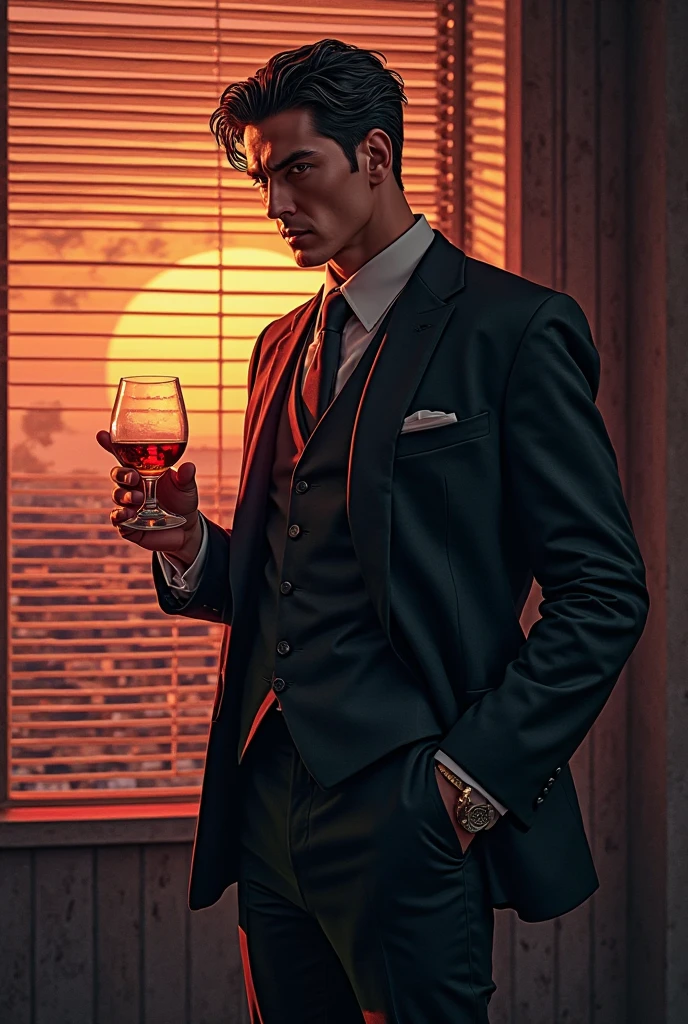 high quality photos, middle-aged Japanese male detective excluding blinds, in a suit, No beard, fearless face, muscular, Hair hardened with hairdressing, has a huge brandy glass, standing by a window with the sunset, Shift the blinds and look out