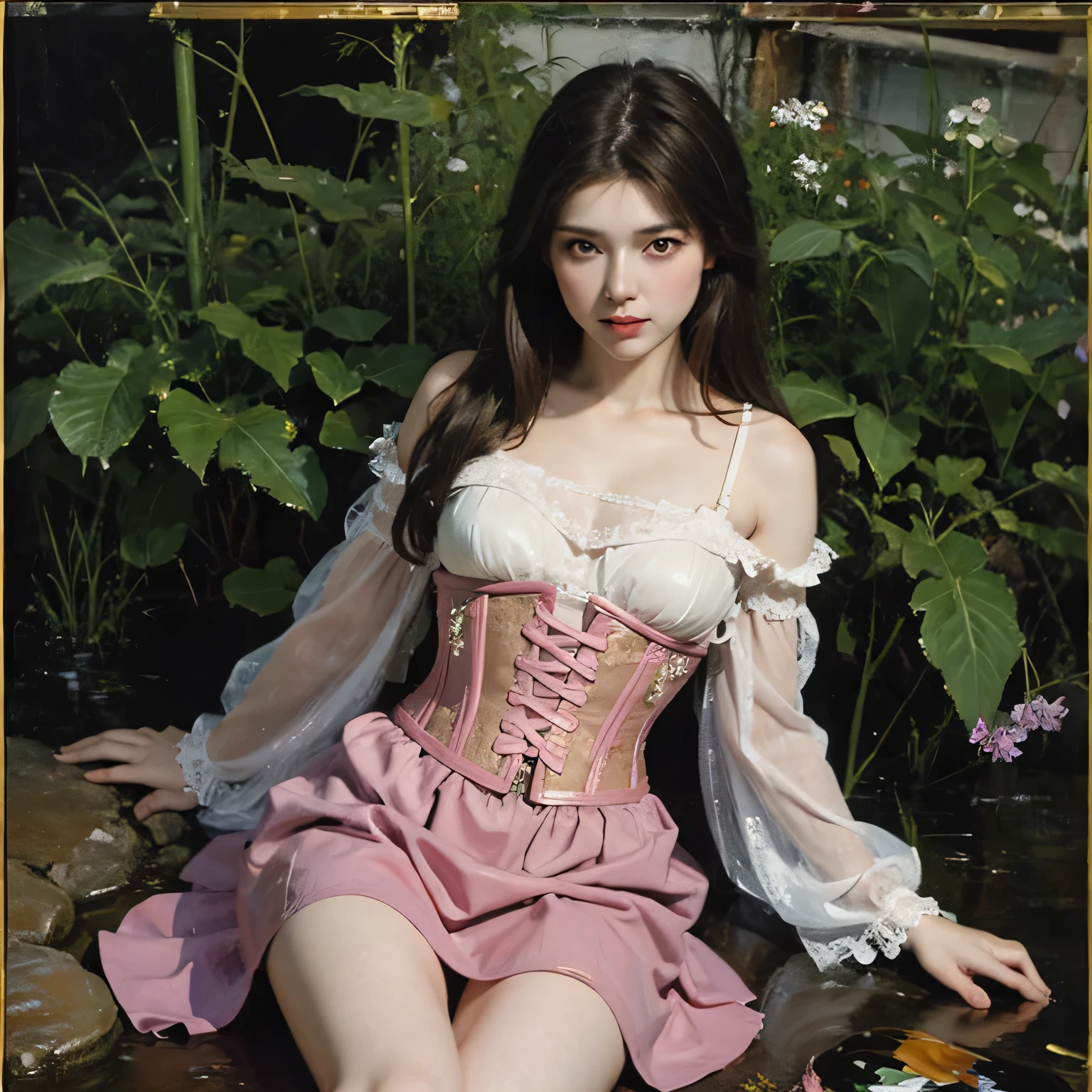 Masterpiece, Superb Painting, Realism, Jennie Avatar, Cosplay, Maid, Cafe, 1 Female, (Hanfu, Exposed, Pink Shorts, Embroidery, Flowers, Lace, Decoration, Cleavage, Gloves, White with Green Linen Skirt, Round Neck, Folded Collar),