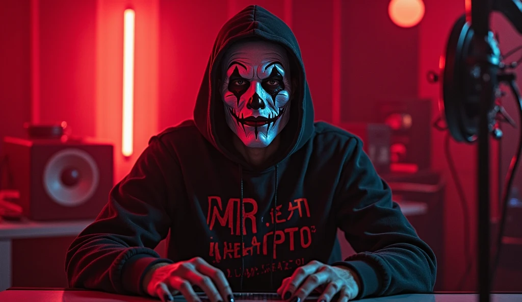 A man with a skull mask in a white hoodie broadcasts a graphic on a computer in a very dark room