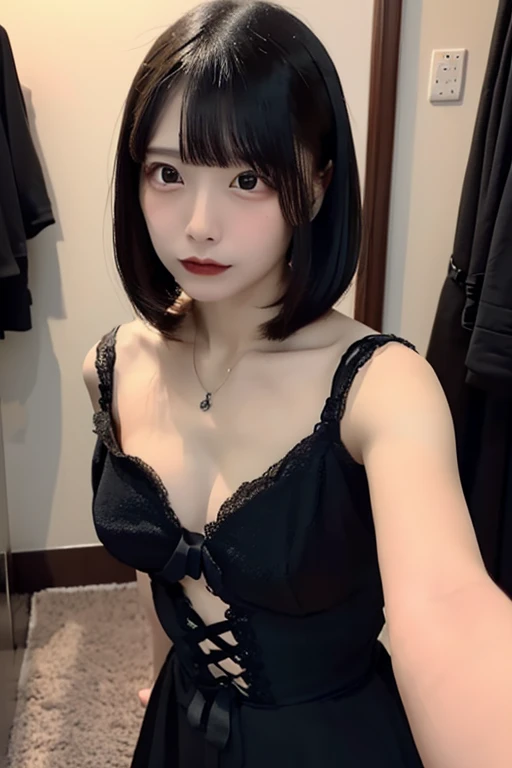 (A hyper-realistic), (illustratio), (hight resolution), (8K), (ighly detailed), (The best illustrations), (beatiful detailed eyes), (top-quality), (Ultra-detail), (Detailed face), Realistic skin type、two womens、Press each other's breasts against each other、Touching each other's breasts、Hold each other's breasts、japanes、small medium breasts、double eyelid、bathroom、Hair is wet、Colored satin bra、Bra with less area、stare at each other、A slender、short-cut、A darK-haired