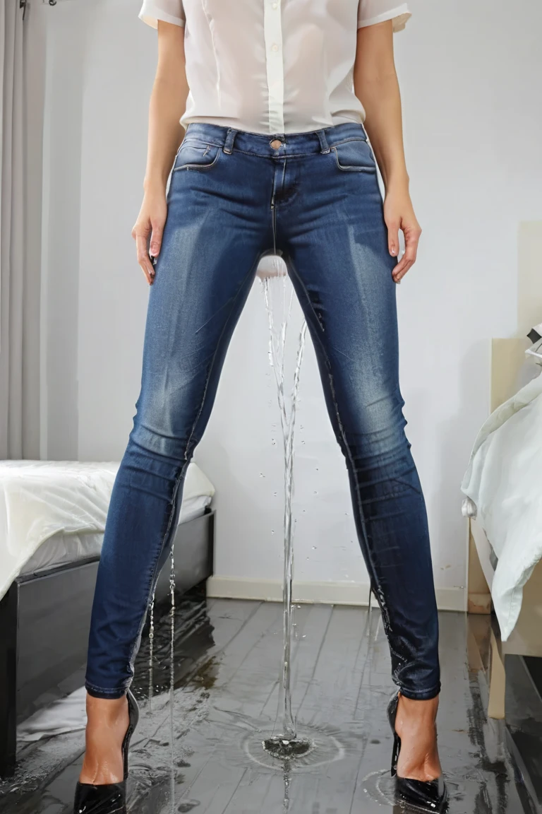 woman in a bathtub, wet look, bottom angle, blouse, jeans, boots, in water, carnal, wet, slick!!