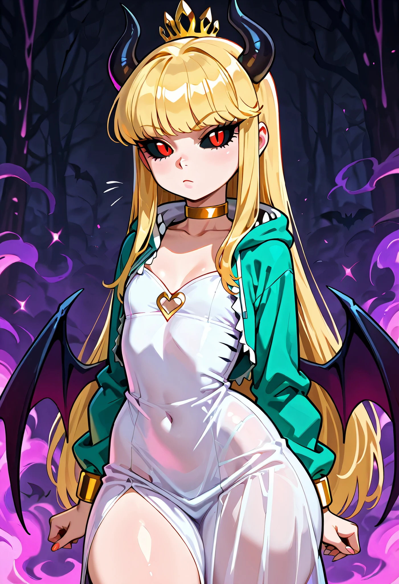 Pacifica Northwest, black eyes, flat breasts, flat chest, skinny, huge hips, long hair, blonde hair, choker , | black sclera,colored sclera,demon wings,demon horns,slit pupils - To get that true evil waifu, shark hair ornament, gold hair ornament, gold choker, gold bracelet, , white dress, shark hoodie, pajamas,