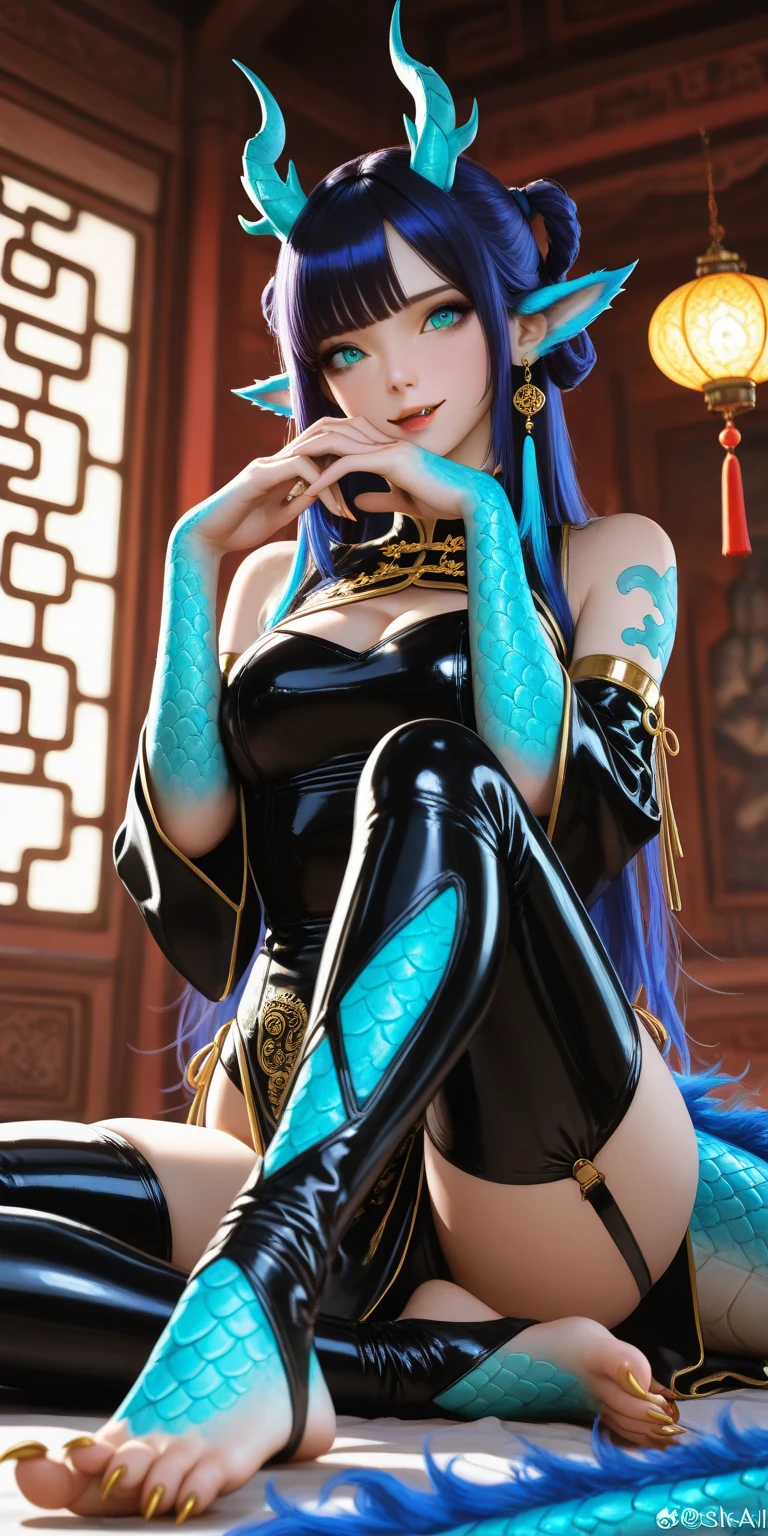 Ultra High Definition 2D Art、a closeup(1womanl)、A dark-haired、Incarnation of the serpent、serpent、Blue skin、ogre、shrines、The background is a shrine、in woods、2 d anime style、Soft and delicate depiction、Also pay attention to tattoos on the whole body(Full Body Art)、In landscape mode、A masterpiece by Guweiz and James Jean、TATTOO EXPERT DESIGN BY CLOSSCOSITY、number々A beautiful girl with black hair who became a hot topic at Japan's trend art station。