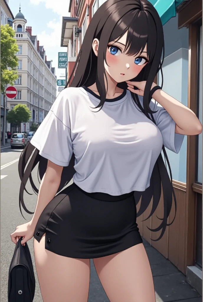 A beautiful girl on the street wearing a tight body big ass fitted T-shirt and shorts with a map printed on it.