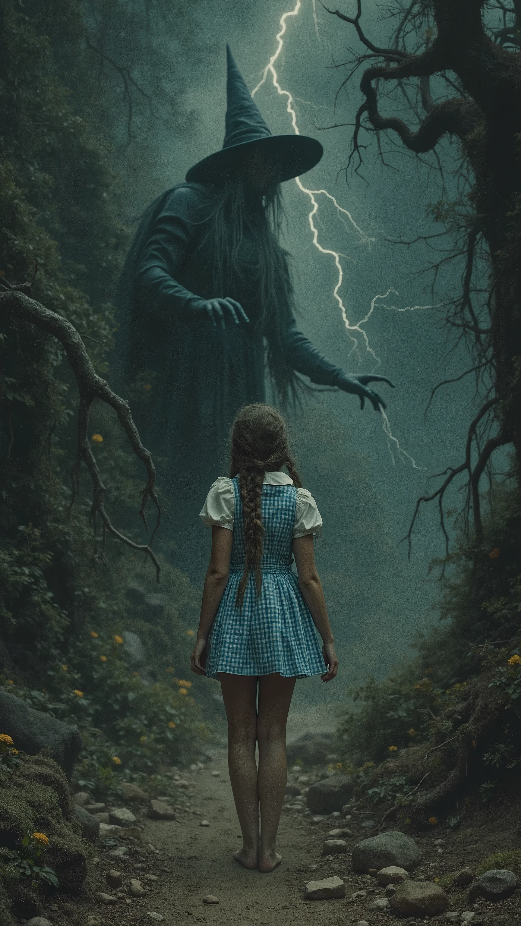 The great witch who appears at the end of the fable,
A dark horror movie masterpiece, Realistic surreal,
mvpstrCE style,
((NSFW)),
for Adults,
the witch who appeared as if she were surging forth accompanied by black clouds and lightning,
the final boss of the world of Oz,
the one who crushes all justice with her super-strong magical powers,
Dorothy is cornered.
Dorothy cowered, her eyes wide with fear,
The great witch's magic hits Dorothy directly,
Dorothy is a small, round-faced, very pretty girl,
Dorothy has long hair in braids,
Dorothy wears only a blue and white gingham sleeveless, collarless short pinafore dress,
Dorothy is wearing nothing else,
Dorothy is not wearing a blouse,
Dorothy's shoulders are exposed,
Dorothy's cleavage is visible,
Dorothy is barefoot,
Dorothy has smallpox scars all over her body because she had smallpox,