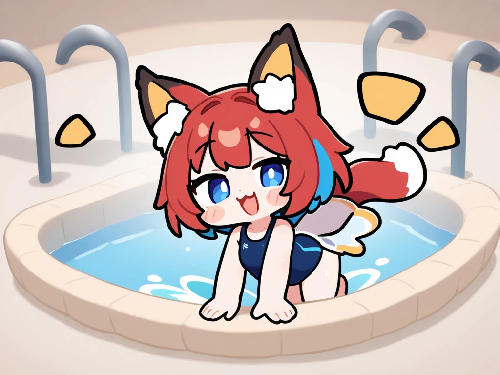 fox ears,fox girl,fox tail,chibi,1girl, looking at viewer,swimming pool,standing, from below, , nsfw, vaginsy, prouhowing pussy