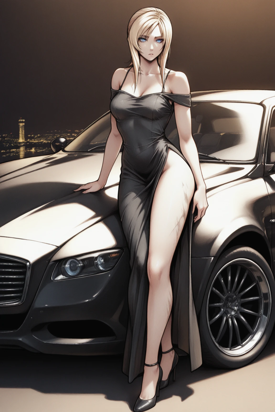 perfect and beautiful face, beautiful girl in black and golden pointed toe stiletto knee high boots, standing beside a supercar ,, leatgher gloves on, big breasts and buts