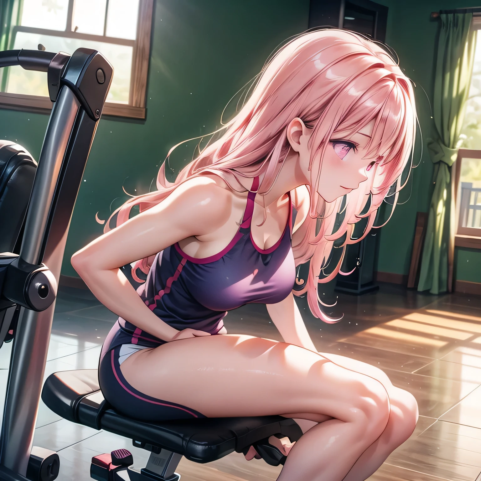 `(topless), nsfw, masterpiece, 1 girl, erect nipples, nipples, intricately detailed, navel, necklace, beautiful face, shorts, lifting, smiling, extremely detailed, photorealistic, octane render, 8 k, unreal engine. headset, bare breasts, bare stomach, sweaty, detailed, cowboy shot, small breasts, puffy nipples, leg strap, hair ribbon, sexy, shirtless, bare arms, pink hair, slim waist, petite body, gym, blue eyes, leaning forward, nipple chain, sneakers, vibrant, interior, sitting, people on background, dumbbell, audiences, gym equipment, holding water tumbler