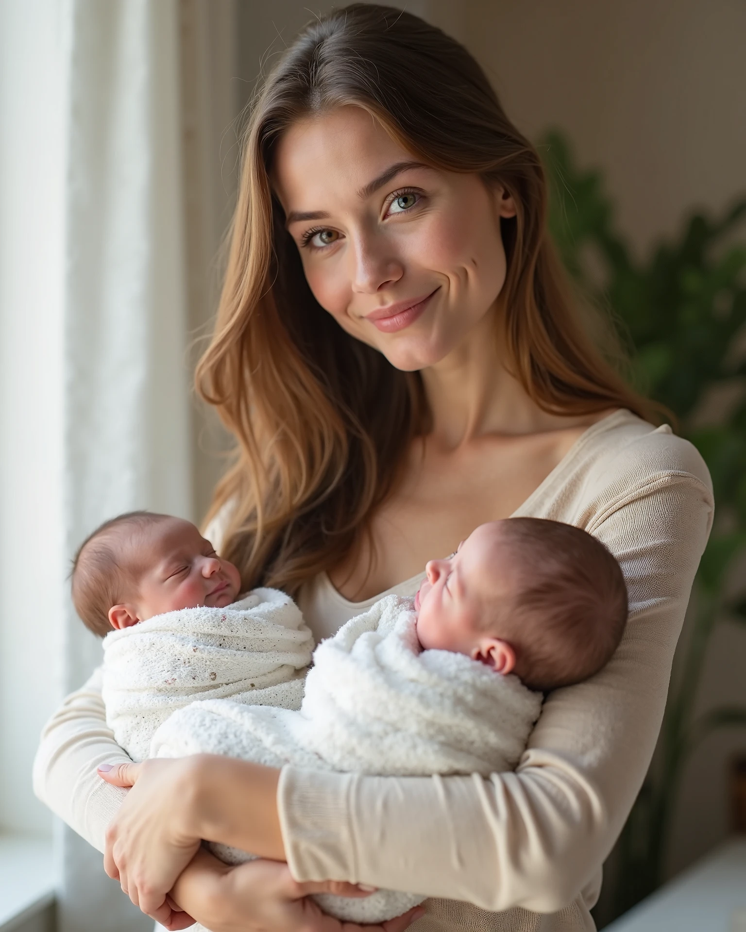 woman holding twins babies in her arms
