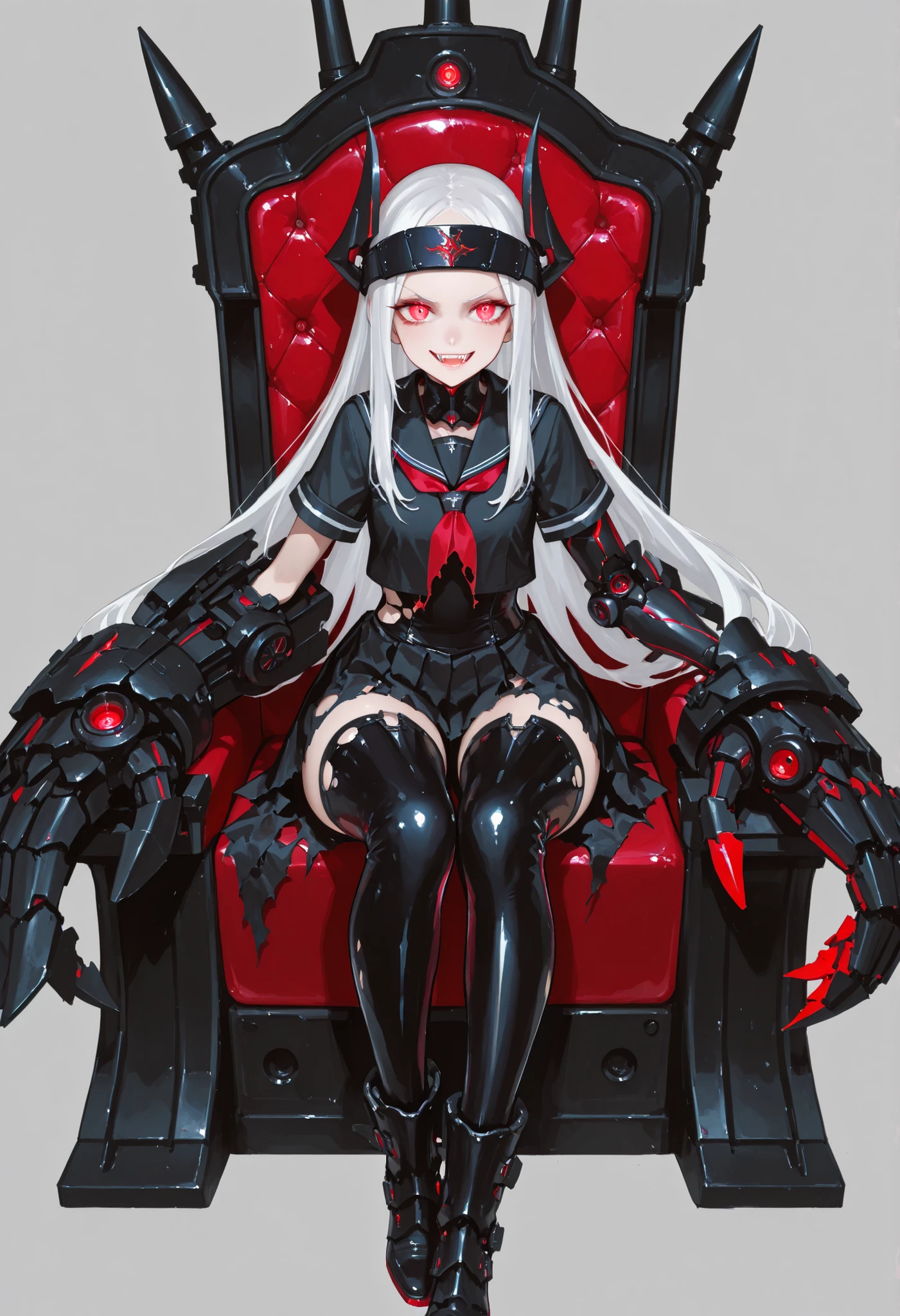 A girl in a black sailor uniform. White hair. Long hair. Forehead protector. Glowing red eyes. Fearless smile. Darkly discolored hands. Black armored arms. Asymmetrical arms. Oversized latex boots. Torn costume. Sit on a small battleship. Mechanical monster fangs. Cannon turret.