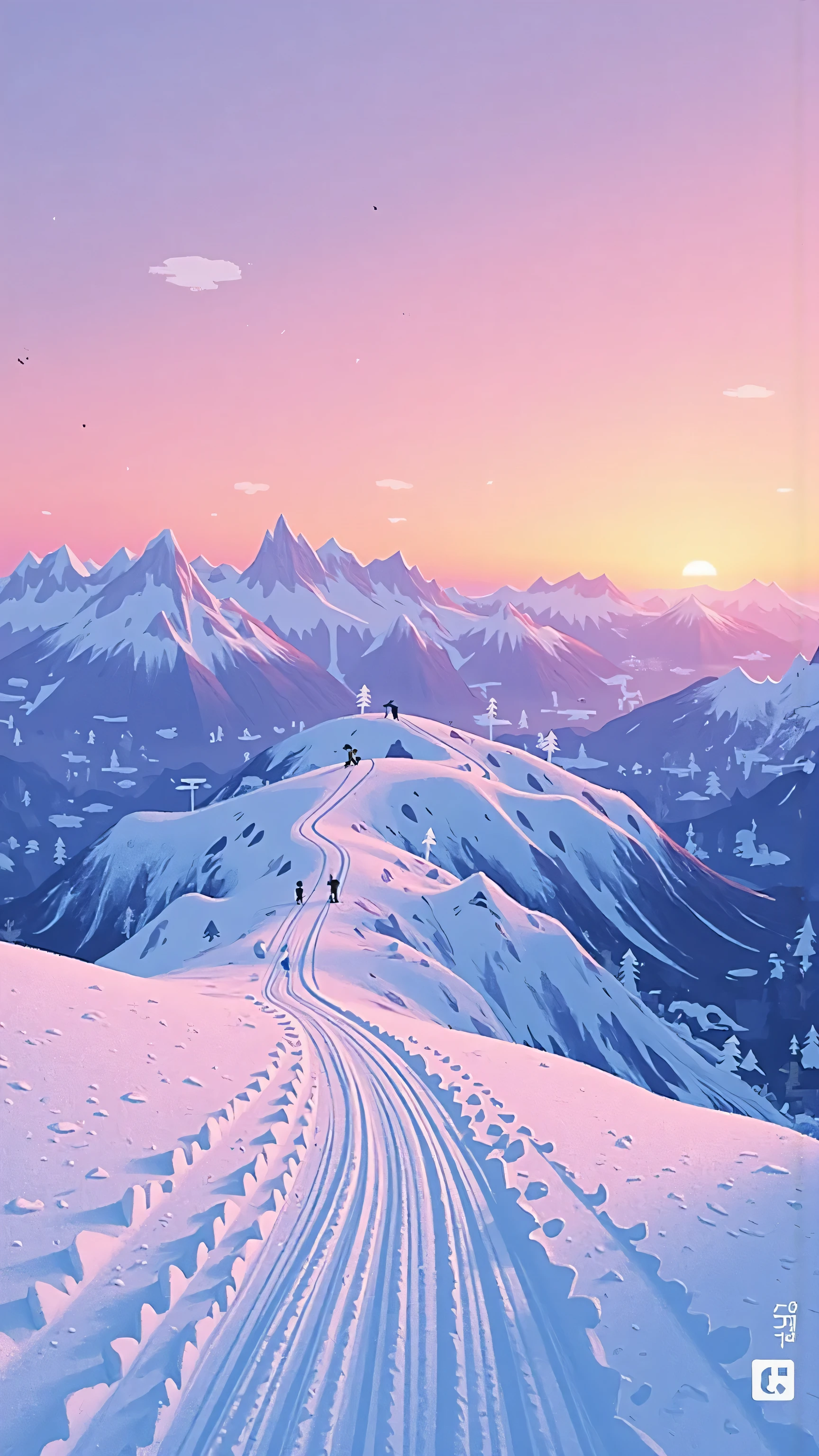 panoramic,Snowy mountain ski trails in the twilight,A pink purple gradient sky envelops continuous snowy peaks。Soft ambient light,Delicate shadows on the snow surface,The horizon is warm, shimmer。Wide scene composition,Quiet and peaceful atmosphere,Highly detailed snow patterns and mountain outlines,cinematic pastel tones,illustration,Aletai Jiangjun Mountain。