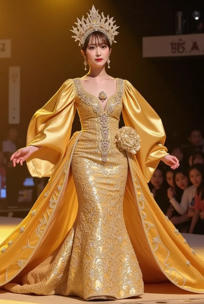 black hair, Surrealism, 8k, super detail, UHD, masterpiece, ccurate, anatomically correct, textured skin, super detail, high details, high quality, best quality, 8k,Beautiful woman,(golden dress:1.5),Glittering costumes,Princess,western castle