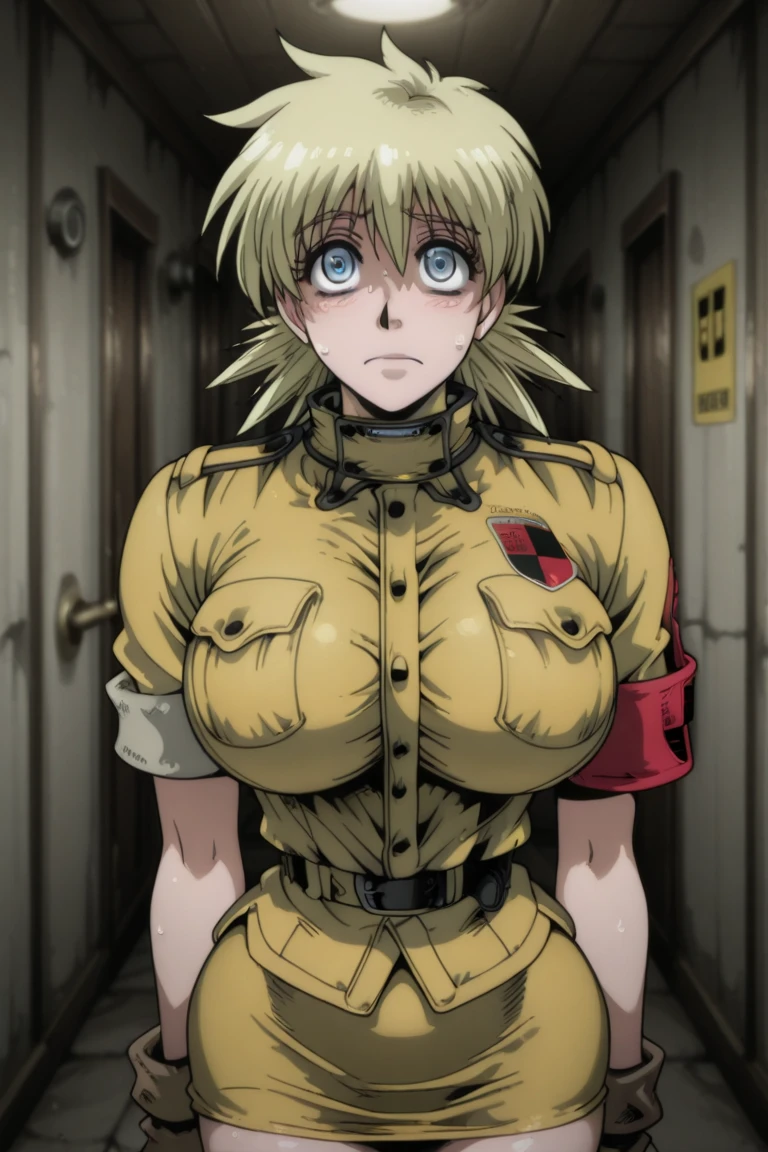 Hellsing Ultimate, Seras Victoria, SerasOva ((1girl)), ((bimbo)), spikey blond hair, blue eyes, cute smile face, puffy lips, thick lips, wide hips, thick thighs, enormous round breast, huge round ass, oily shiny skin, breasts squeezed together, naked breast, naked body, pussy, nsfw, ((sitting)), (legs spread) masterpiece, best quality, highly detailed, hatsune miku, solo, blonde hair, gloves, ((micro_bikini))