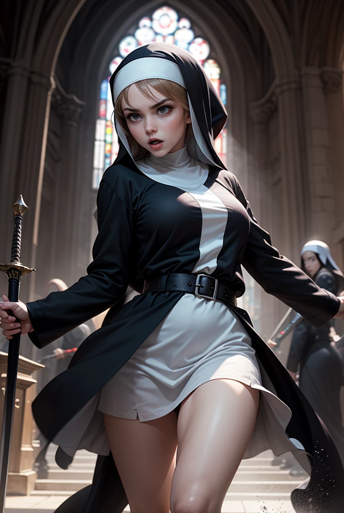 1girl, shooting a bow (weapon), drawing a bow (weapon), weapon, archery, archer, nun clothes, short sleeves, tribal tattoo, dark skin, serious, medium breasts, muscular, long ponytail, blonde hair, dark elf, perfect face, perfect red eyes, church, nighttime, masterpiece quality, ultra HD, 4K, best quality