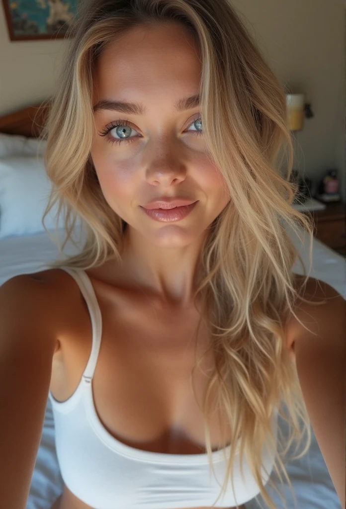 close up on , (sexy fie 1.3), a sexy blo woman naked, pussfie, clp on pussy, top less, beul detailed eyes, beautiful detailed lips, extremely detailed face, long eyelashes, seductive expression, bedroom interior, window light, high quality, photorealistic, masterpiece, (boobs), touch her